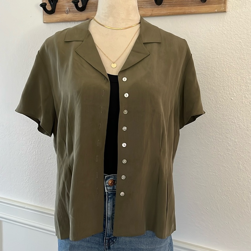 100% Silk Button Down Top Olive Green